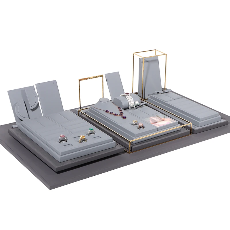 ROMI Custom Grey Metal Microfiber Ring Bracelet Necklace Holder Jewelry Display Stands Set Display Tray