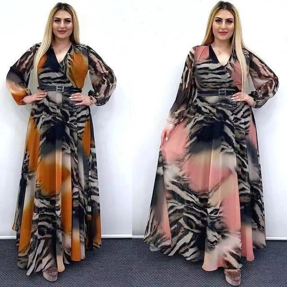 2021 summer ladies New Fashion Printed Dresses Long-Sleeved v-Neck Women clothing maxi Dresses with belt