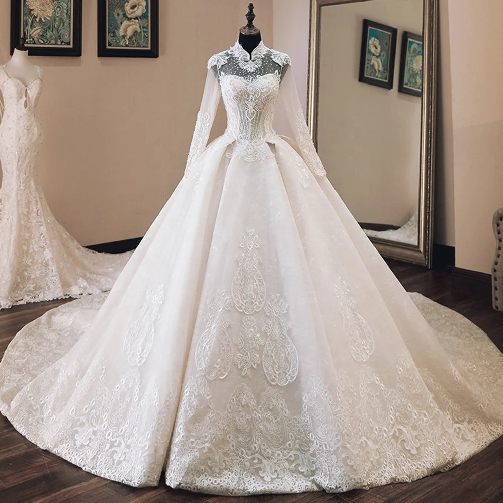 Luxury Beaded Muslim Wedding Gown High Neck Long Sleeve Plicate Ball Gown Wedding Dress Trouwjurk