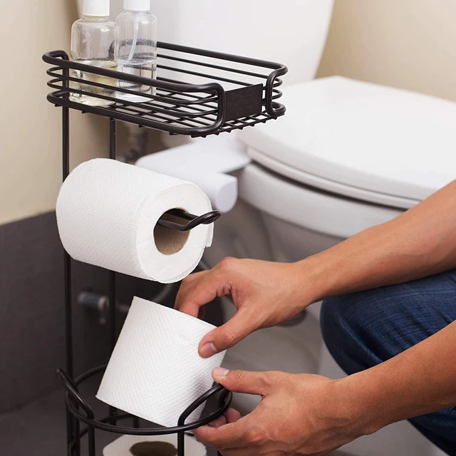 Toilet Paper Holder Stand Freestanding Tissue Holder for Bathroom Toilet Paper Stand Storage with Convenient Shelf
