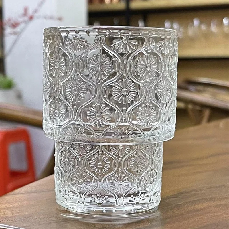 Fancy Glass Coffee Cups Cylinder Drinking Glass Embossed Tumbler Glass Set