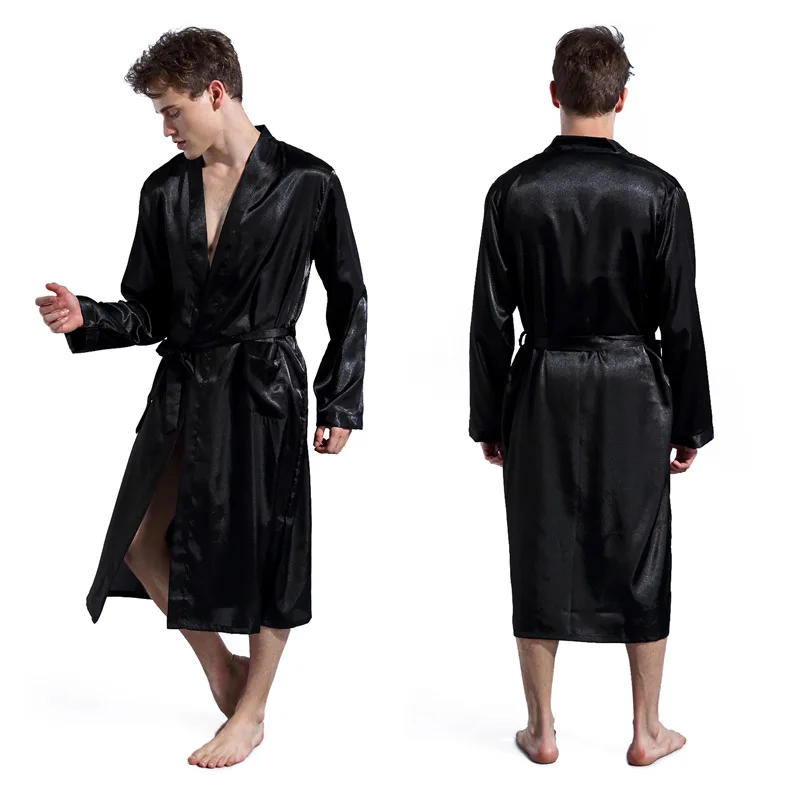 Manufacturers satin mens robe Custom plus size Soft Plain Black mens silk pajamas Satin mens robe luxury