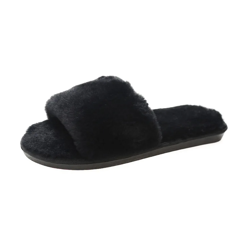 Fashionable Soft Plush Furry Slides Open-Toe Imitated Faux Fur Flat Sandals for Indoor Outdoor Use Shaggy Slippers for Women