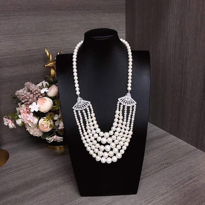 Multilayer High-end Pearl Necklace Vintage Evening Accessory Necklace Pearls Natural Freshwater Necklace Zircon