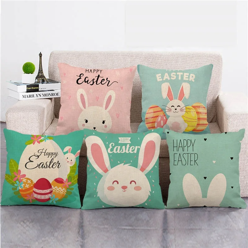 Amazon hot selling easter egg happy bunny linen pillow sofa cushion wholesale