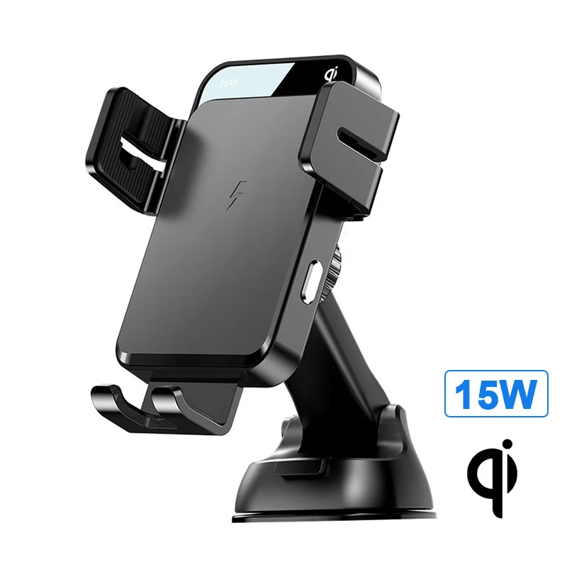 
Three Axis Linkage Dashboard Cell Phone Mount Electric Clamping FCC CE Rohs Qi Fast Charging 15W Wireless Charger Car Holder 