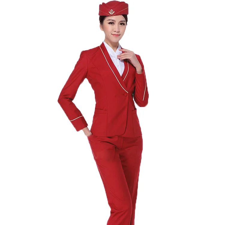 Wholesale New Stylish Red Flight Attendant Uniforms Suits  Airline Clothes Stewardess Uniforms