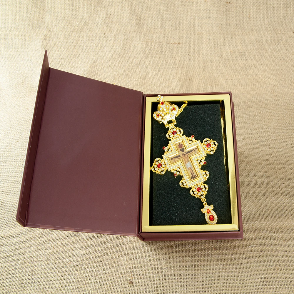HT Luxury Greek Gold Plated Alloy Orthodox Russian Pectoral Cross with Jesus Icon Necklace for Priest Religion Gift