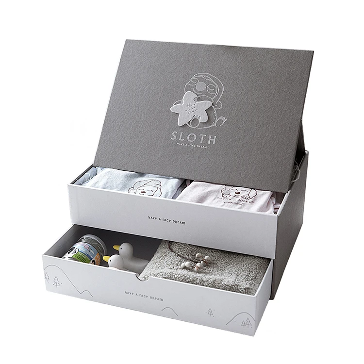 Custom luxury baby ribbon drawer box clothing packaging gift boxes, clamshell cardboard box