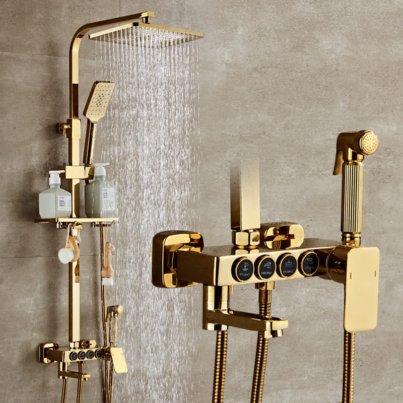 shower set classic gold thermostat wall mounted stainless steel tap Bathroom taps brass rain rainfall showerset mixer faucet set
