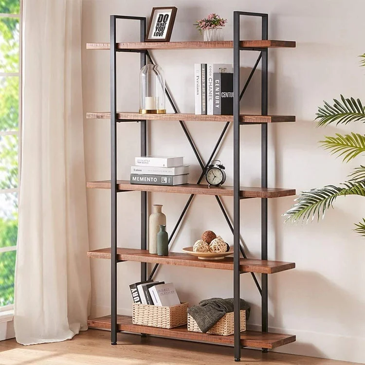 Distressed Industrial Rustic Vintage bookcases with metal shelf and solid wood panel