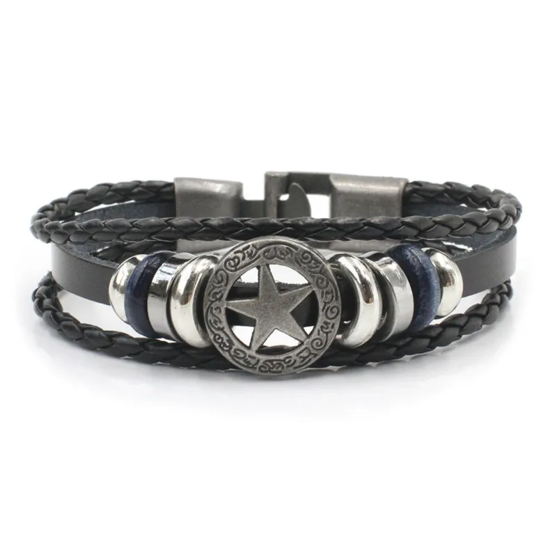 Кожаный браслет из сплава винтажный браслет в стиле панк рок браслет Star-2 многослойный вязаный браслет для мужчин