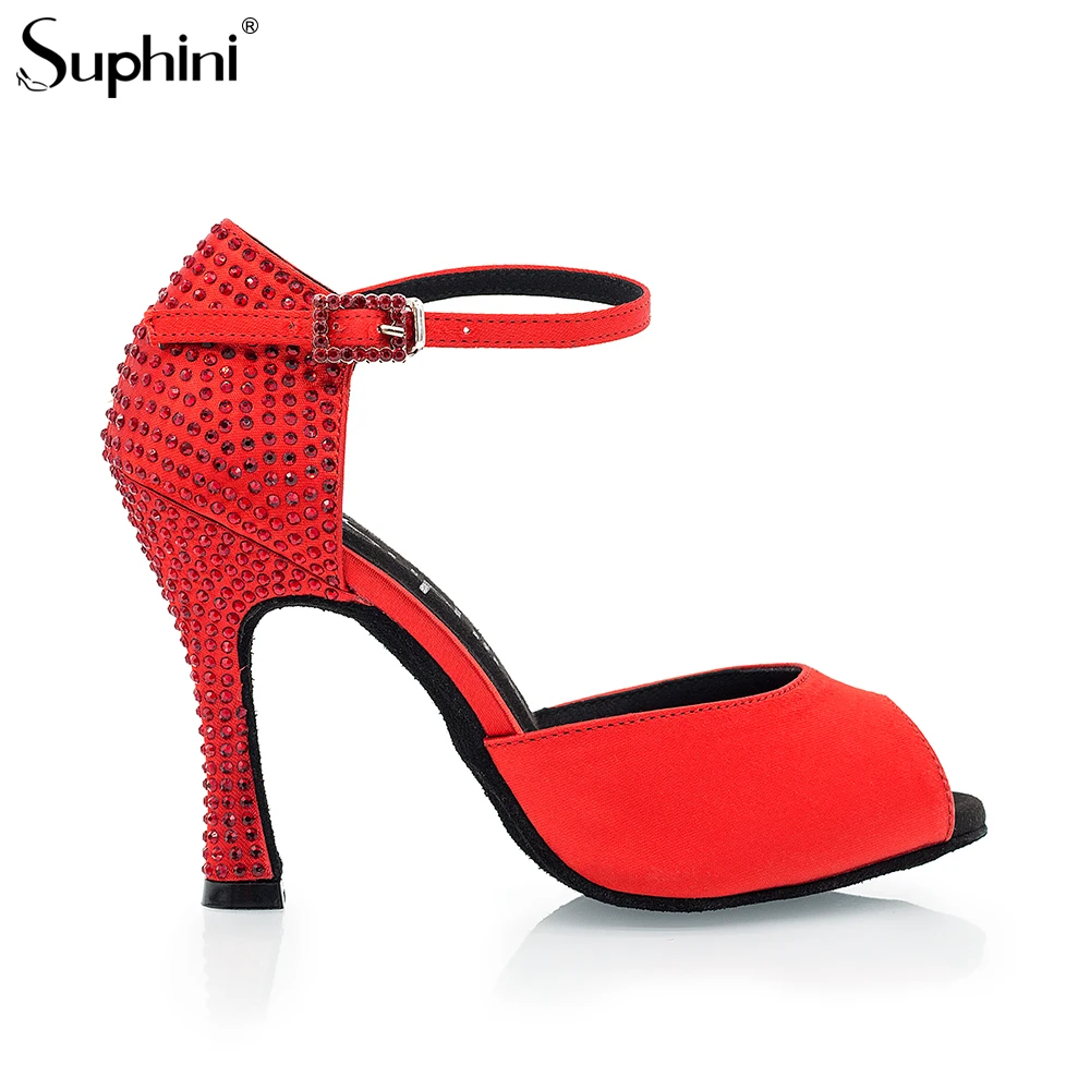 Suphini Свадебные Роскошные танцевальные туфли на каблуках для вечеринки женские красные кристаллы/атласные сальсы