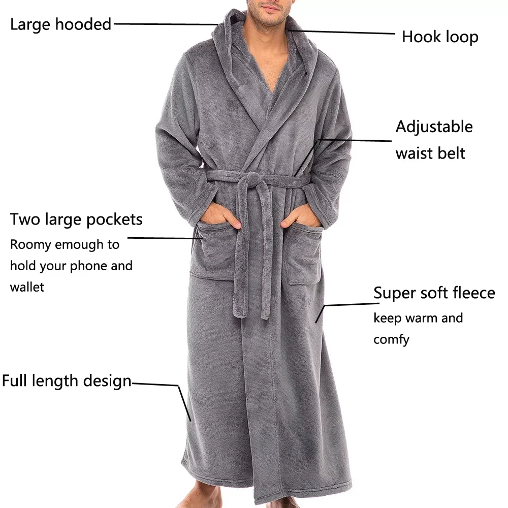 soft fleece hooded bathrobe custom long coral fleece bathrobe/polyester spa robe plush winter fleece ful length bath robe