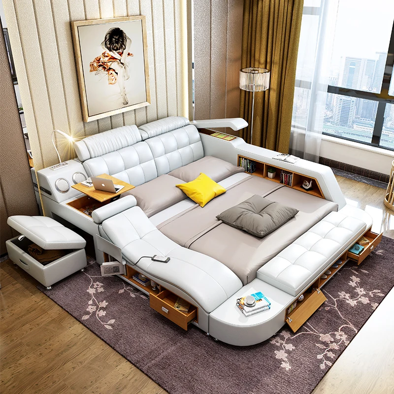 Modern Soft Bed Tatami Bedroom King Queen Double Size Multi-Functional Soft Music Massage Bed Real Leather Art Bed