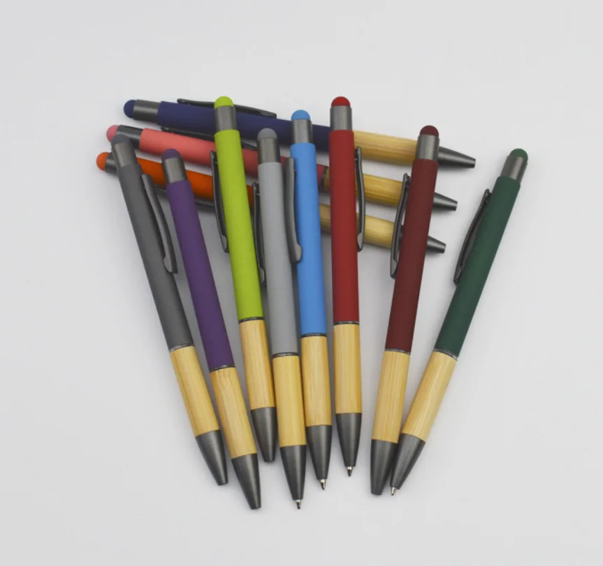 Bamboo pen with metal colored barrel touch screen with customized logo