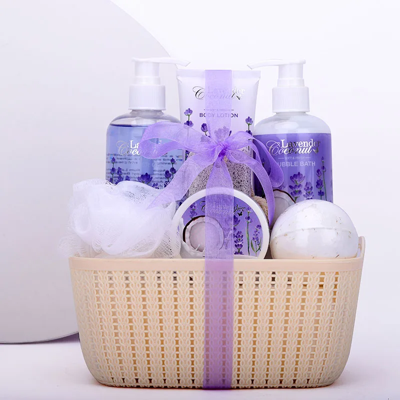 wholesale custom good price lavender bath bomb shower gel bath and body gift set in basket for women