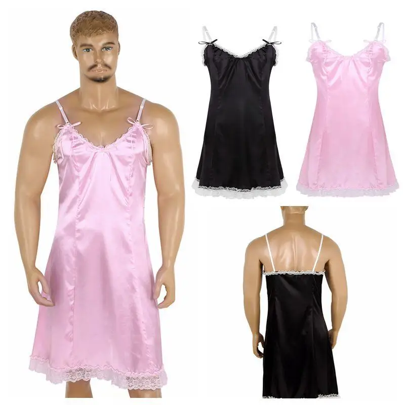 
Mens Lingerie Ruffled Lace Smooth Satin Adjustable Shoulder Straps Sissy Sleepwear Underwear Dress 