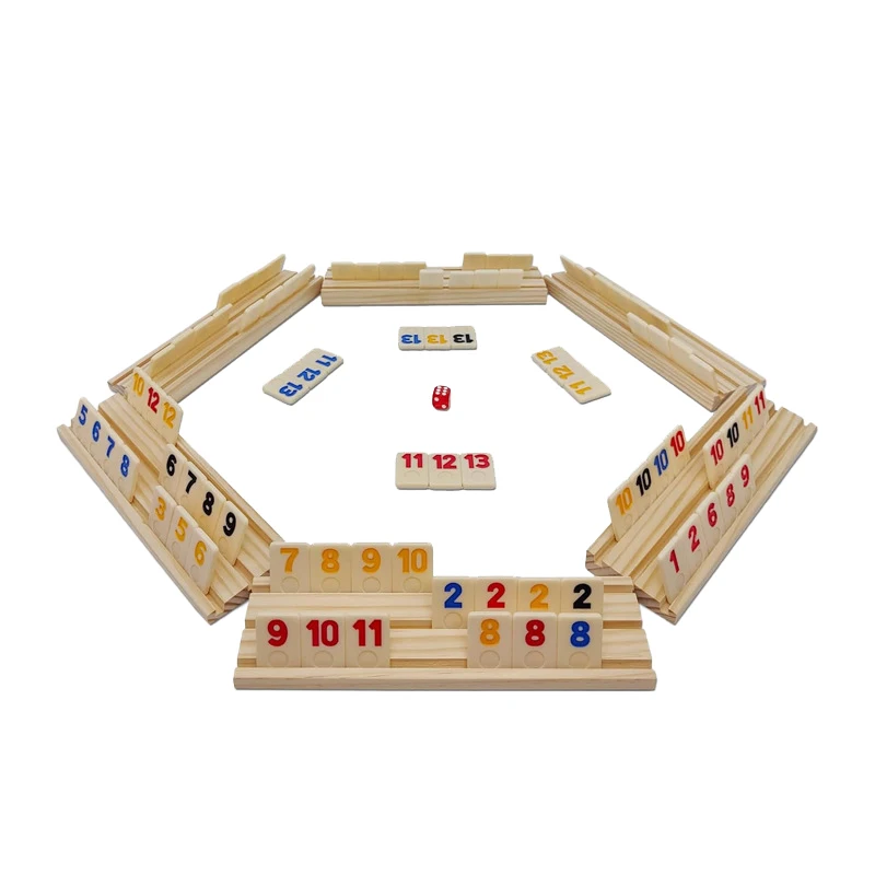 Custom Wooden Rummy Game 4 Wooden Racks 106 Painted Number Tiles Four-person Digital Board Game Table Set