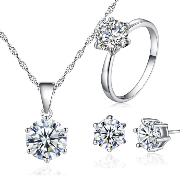 03ST003 Six Prong Zircon Earrings Necklace Ring Three-piece Bridal Jewelry Sets Women Wedding