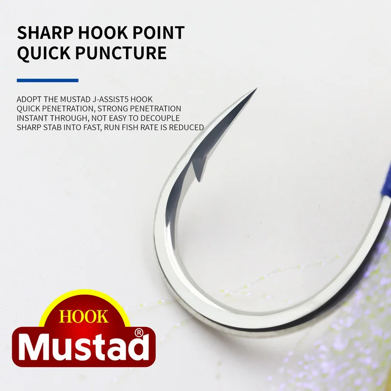 Fishing Mustad J-Assist5 Hook High Carbon Steel Luminous Assist Hook Slow Jigging Metal Sea Fishing Hook