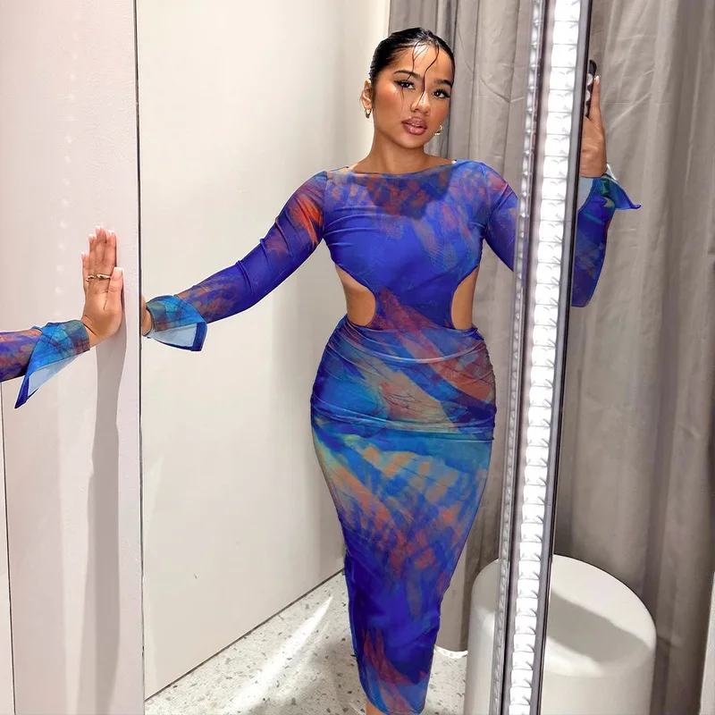 PDEP 2023 summer Printed Long Sleeve Open Back Hollow Mesh Pleated Wrapped Hip Dress for Women sexy ladies bodycon dress