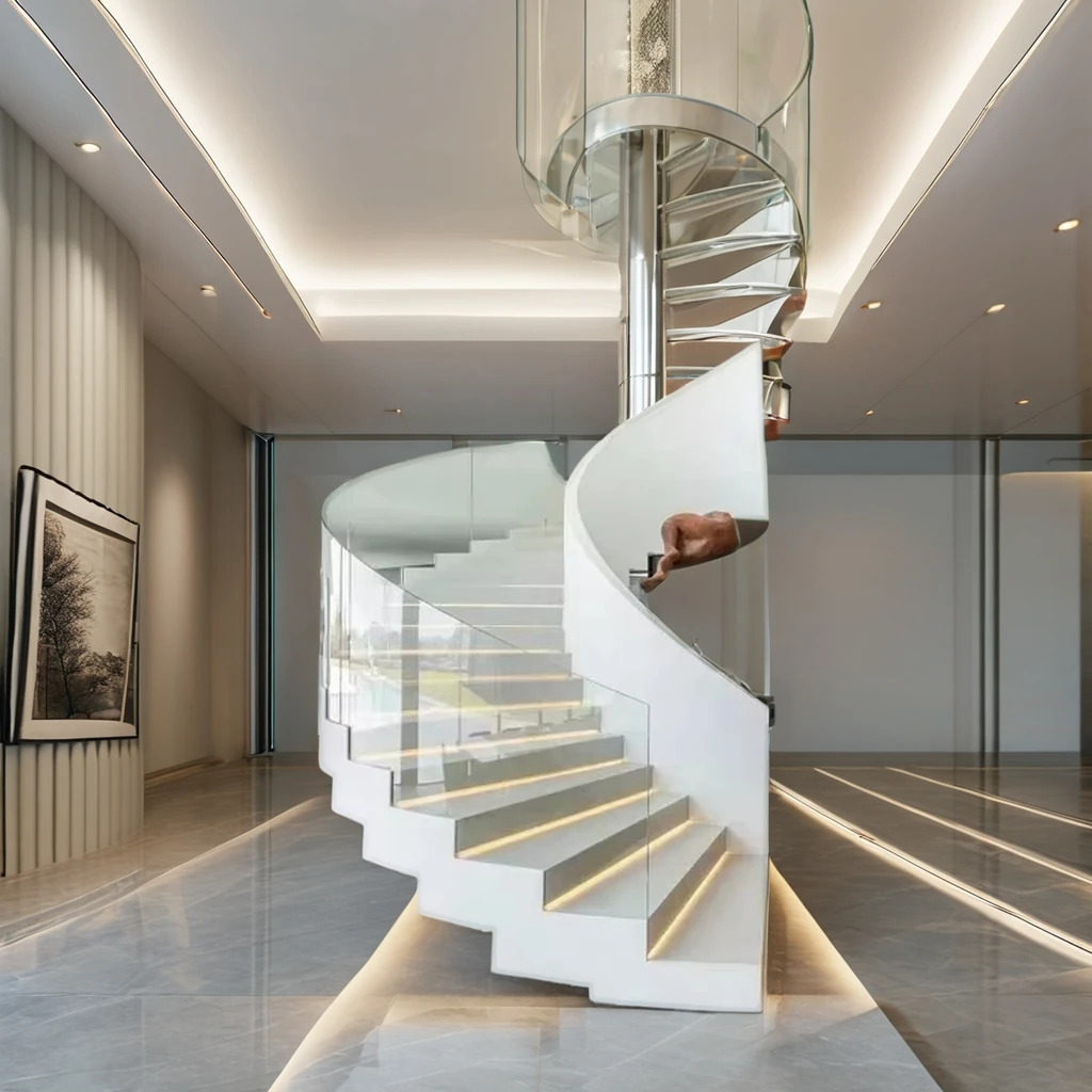 Nordi Arc Stairs Custom Modern Design Villa Wrought Iron Steel Glass Railing Apartments Wood Curved Staircase House Exterior