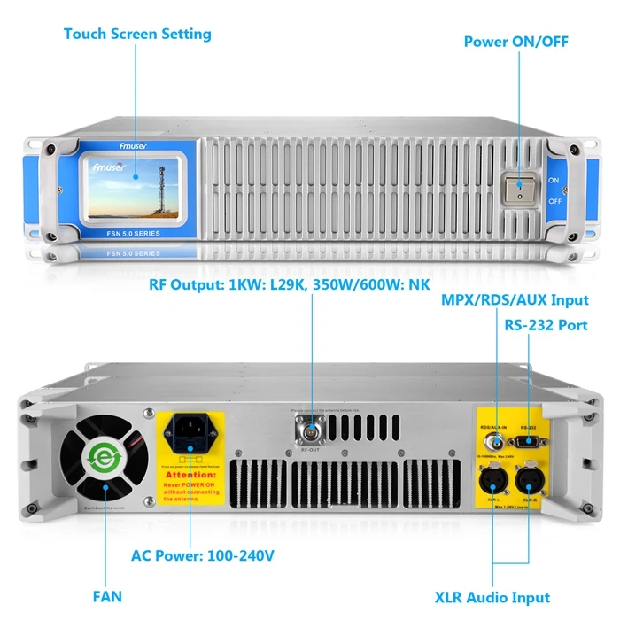  FMUSER 1500 Ватт 1.5KW FM радио передатчик Комплект FSN-1500T сенсорный экран с 4 * FU-DV2 антенна + возможностью погружения на глубину до 30 м 1/2