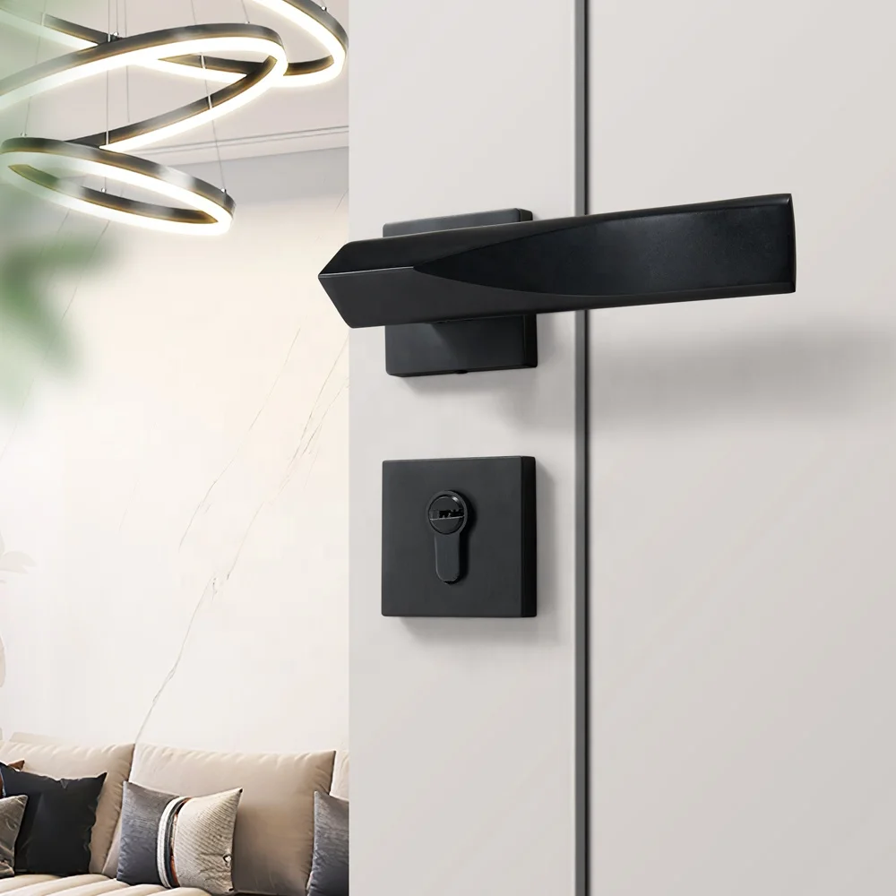 Yonfia A8280R03 modern square solid black aluminium lever door handle home toilet interior door lock handle black for wood door