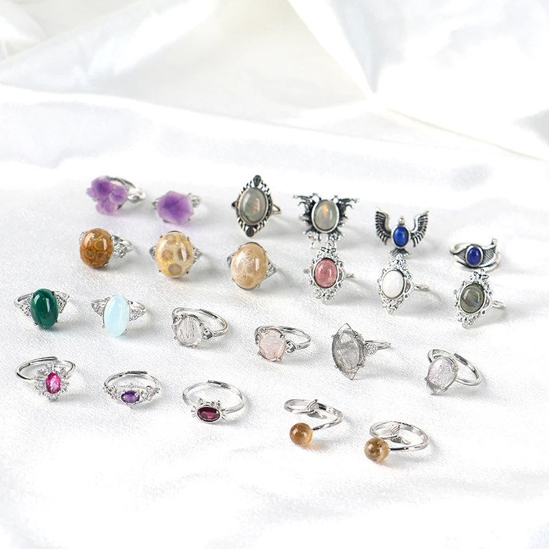 Factory Wholesale Natural Stone Amethyst Malachite Coral jade Crystal Ring for Women and Men