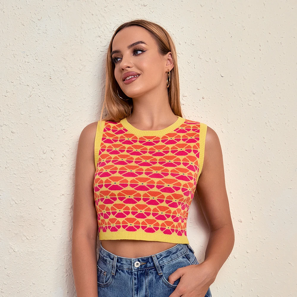 Designer knitwear geometrical pattern top jacquard  vest for women