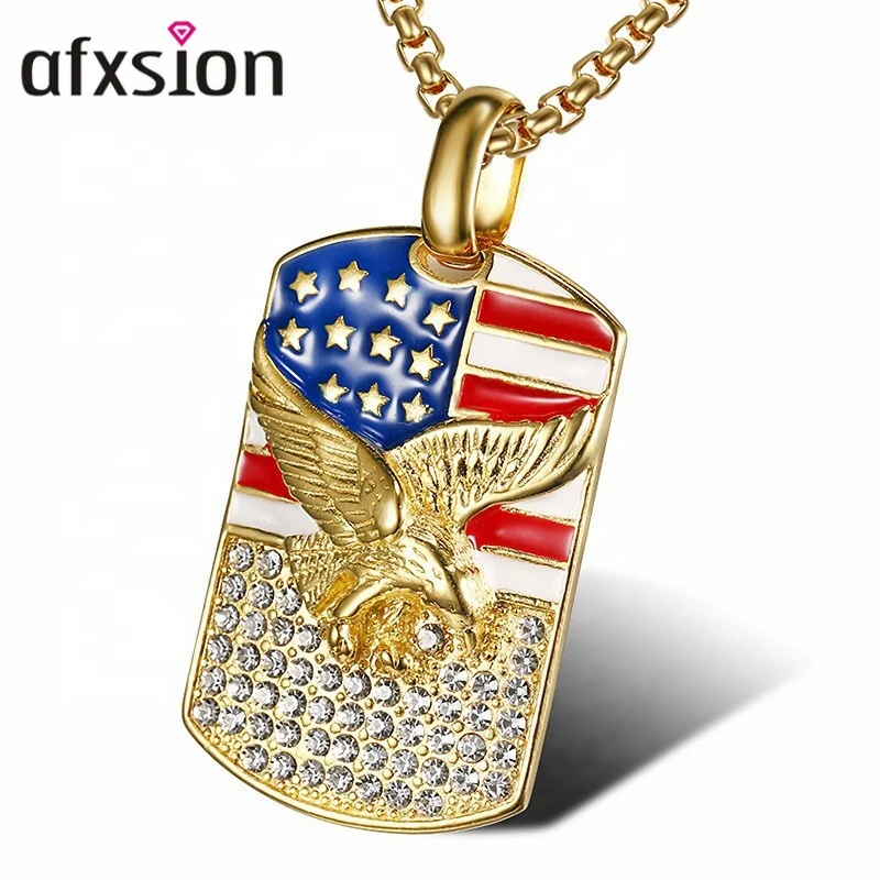 AFXSION  Fashion yellow gold  metal eagle and the US national emblem  pendants stainless steel custom jewelry