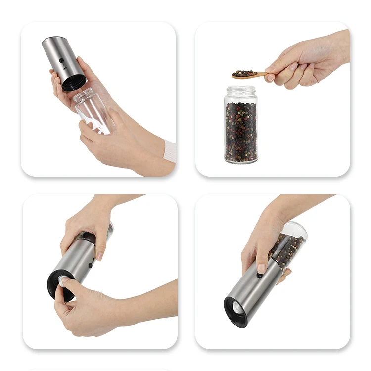 304 Stainless Steel Ceramic Burr Gravity Rechargeable Electric Spice mills set Salt and Pepper with LED Light