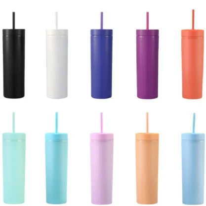 16oz Plastic Water Bottle Slim Cups With Straw Double Wall Plastic Smoking Lid Tumbler