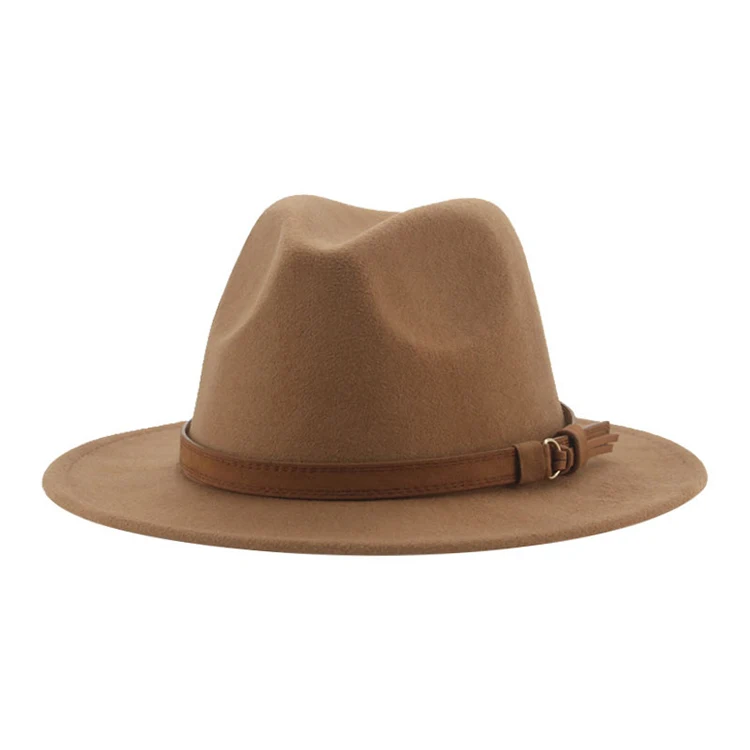 Classic Autumn And Winter Men Flat Brim Large Eaves Fedora Hat With Belt Buckle