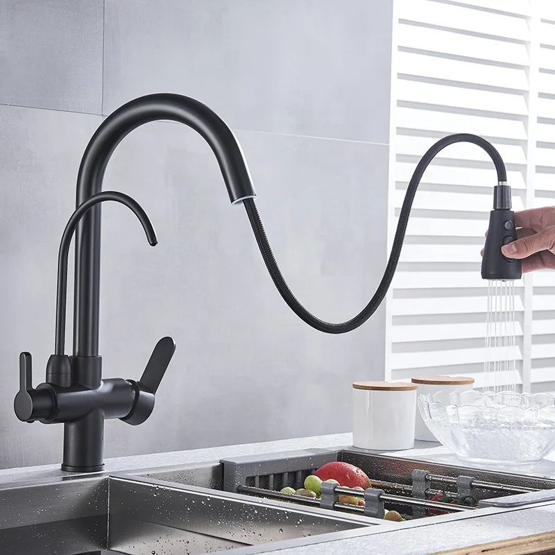 Black stainless steel three functions hot and cold drinking faucet tap pull out kitchen sink faucet