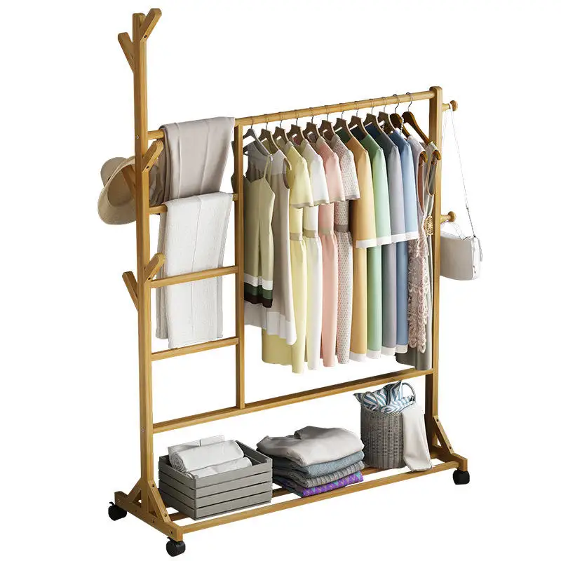 Bamboo independent sliding clothes rack with wheel, multi-layer storage rack - coat rack with hook
