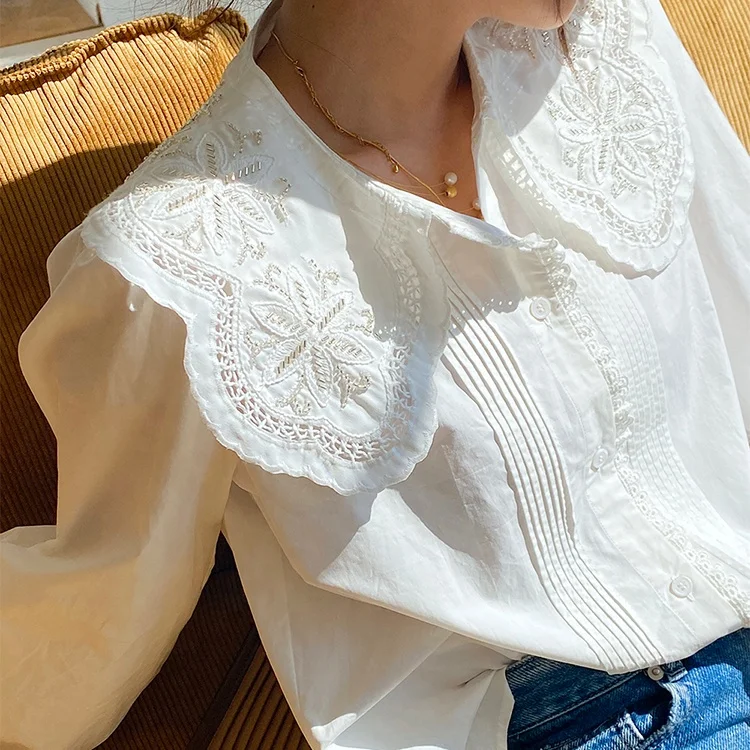 2023 New OEM Summer Daily  Women Long Bishop Sleeve Ladies  Shirt Fashion  Embroidery and Beading Club Collar Women Blouse