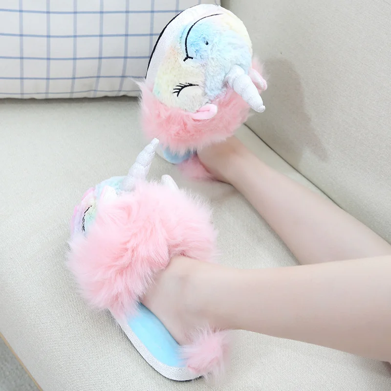 2020 hot sale high quality comfortable warm cartoon lovely Plush stuffed unicorn slippers for women and girl shoes