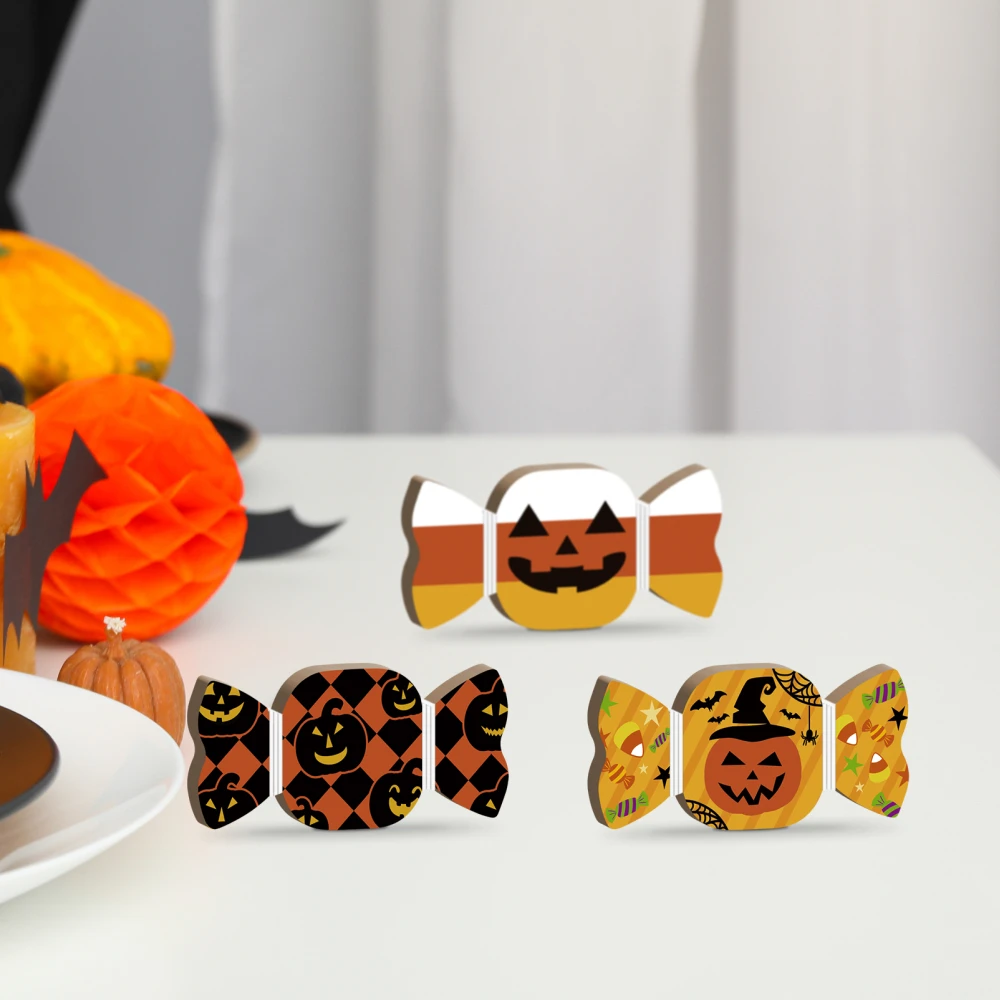 Putuo Decor Halloween Candy Shape Wooden Table Sign Trick Or Treat Wooden Plaque Desk Decor Halloween Gift