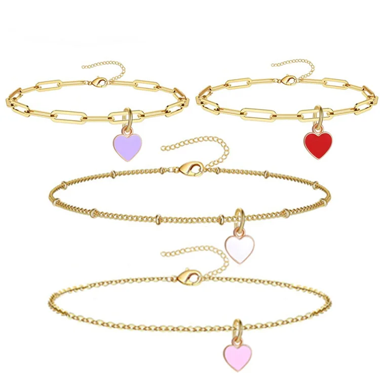 INS Stainless Steel Gold Plated Paperclip Chain Enamel Heart Pendant Bracelet Ankelt Personalized Chain Colorful Heart Bracelet