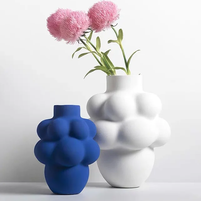 Unique modern design grapes shape aesthetic room home decoration accessories matt blue color tabletop ceramic flower vases