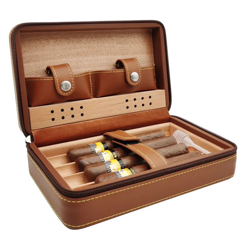 Leather Cigar Humidor Box Travel Portable Cedar Wood Cigar Case 4 Holder Cigar Box W/ Humidifier Hygrometer