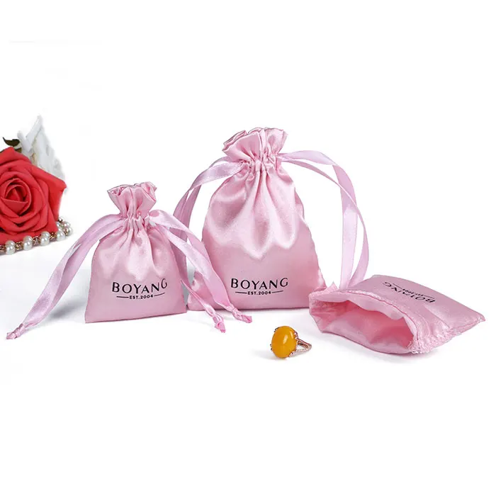 Wholesale Factory Custom Promotional Small Luxury Drawstring Pouch Pink Silk Packaging Bag