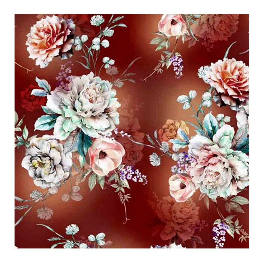 polyester 75D soft crepe chiffon customized beautiful flower design styles digital printing for lady long dress fabric