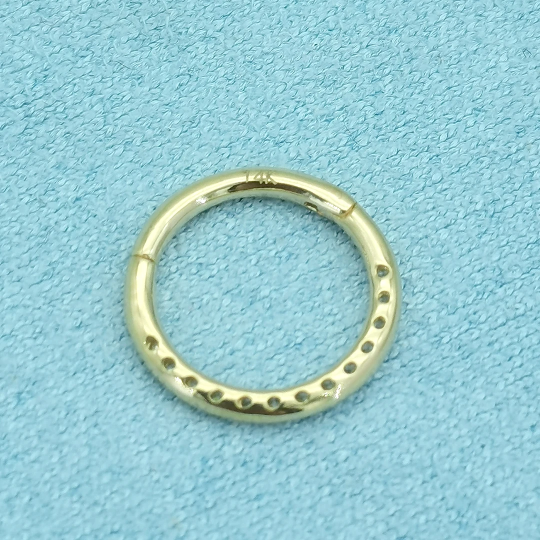 Custom 14k Solid Yellow Gold Hip Hop Hinged Segment Clicker Paved Bling CZ Jewelry Septum Daith Wholesale Piercing Ring