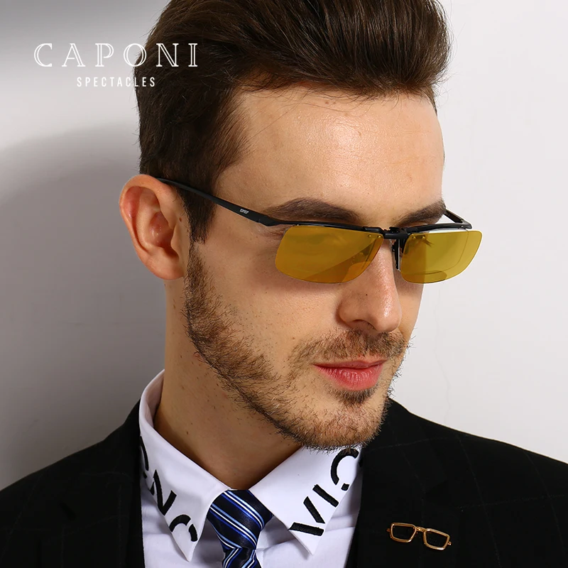 Модные Мужские поляризационные очки CAPONI UV400 с желтыми линзами оправа для близорукости вождения солнцезащитные клипсой
