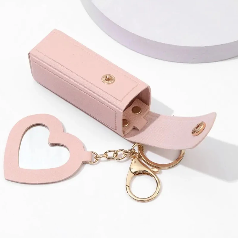 PU Leather Lipstick Bag Keychain Heart-shaped Lipstick Holder Portable Mini Clip-on Sleeve Lipstick Pouch For Women