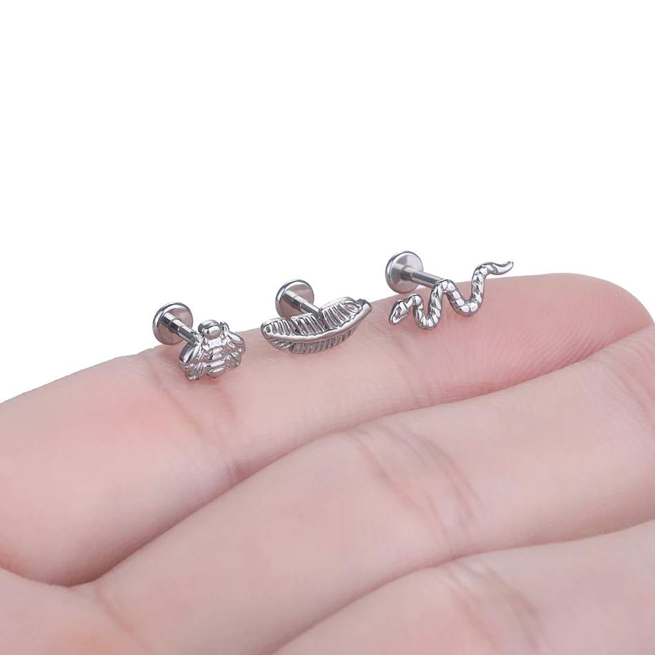 Snake Feather Bee Implant Grade Titanium Internal Threaded Piercing Labret Studs Lip Piercing Jewelry For Cartilage Ear Lip