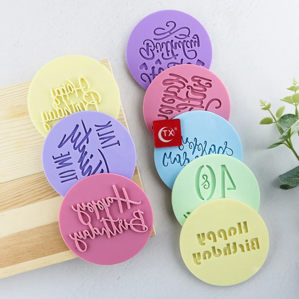 TX Acrylic Happy Birthday Decoration Set Fondant Embosser Cookie Stamp For Biscuit Cookie Embosser Stamp Fondant Cake Decorating